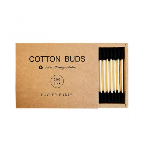 Ватные палочки бамбуковые Cotton Buds, 200 шт картонная квадратная упаковка - черные