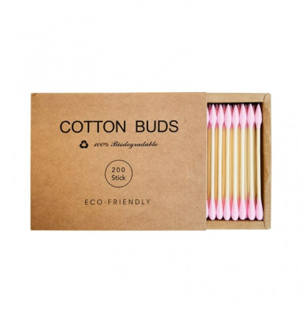 Ватные палочки бамбуковые Cotton Buds, 200 шт картонная квадратная упаковка - розовые