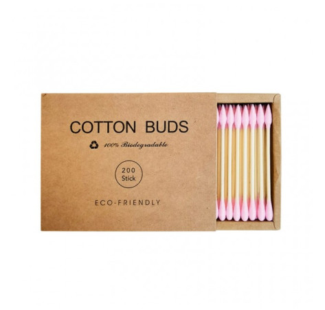 Ватные палочки бамбуковые Cotton Buds, 200 шт картонная квадратная упаковка - розовые