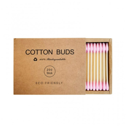 Ватные палочки бамбуковые Cotton Buds, 200 шт картонная квадратная упаковка - розовые