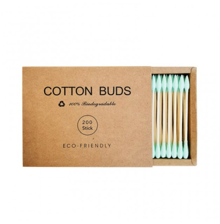 Ватні бамбукові палички Cotton Buds, 200 шт картонна квадратна упаковка - зелені