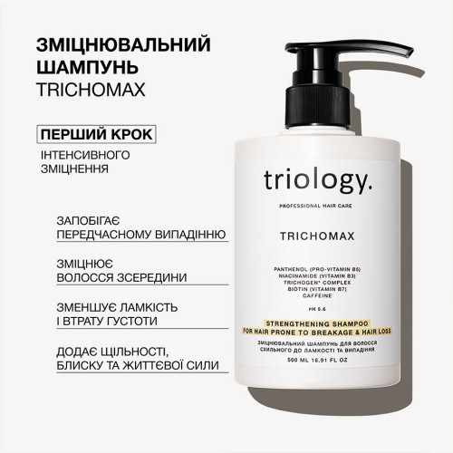 Triology. Укрепляющий шампунь для волос склонных к ломкости и выпадению Trichomax 500 мл